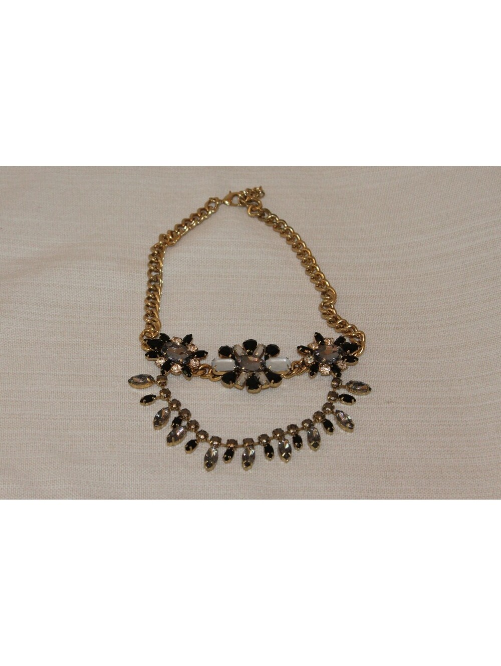 Vintage Gold Tone Statement Necklace Gray Black White Rhinestones Bib Chain